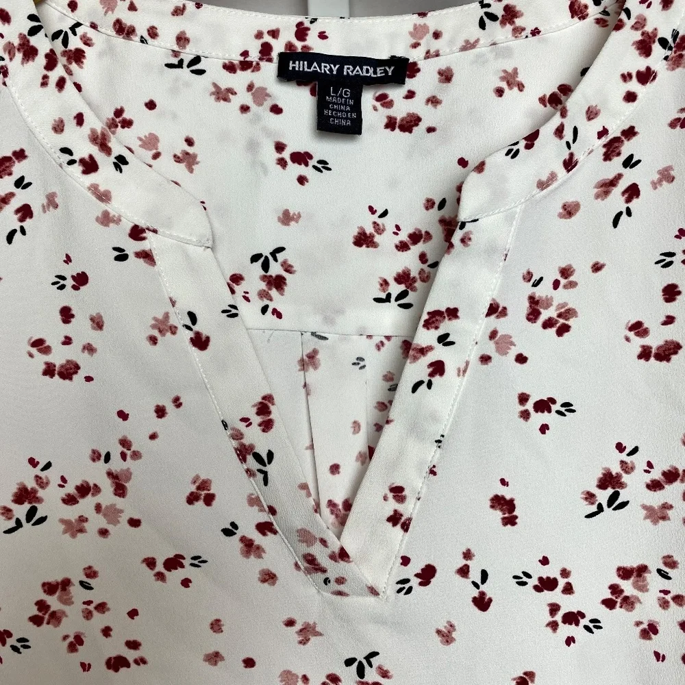 Hillary Radley Womenʻs White Floral Split Neck Short Sleeve Blouse Large